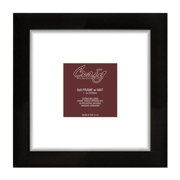 Contemporary, 1" Black Picture Frame, Single White Mat with 1 - 4 by 4-Inch Square Opening (500080801B16A), Craig Frames, Matted Photo Frame