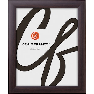 May include: A dark brown wood picture frame with a white mat. The frame has a simple design and is made in Michigan. The text "CRAIG FRAMES" is printed on the mat.
