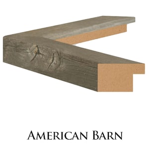 May include: Close-up of a corner of a rustic wood picture frame with a weathered grey finish. The frame has a natural wood grain and a slightly distressed look. The frame is made of reclaimed wood and has a simple, elegant design. AMERICAN BARN is printed below the frame.
