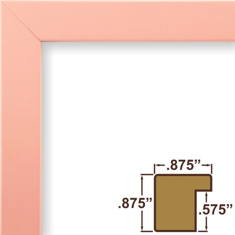 May include: A close-up of a pink picture frame with a brown wood-like inner edge. The frame is 0.875 inches wide and 0.575 inches deep.