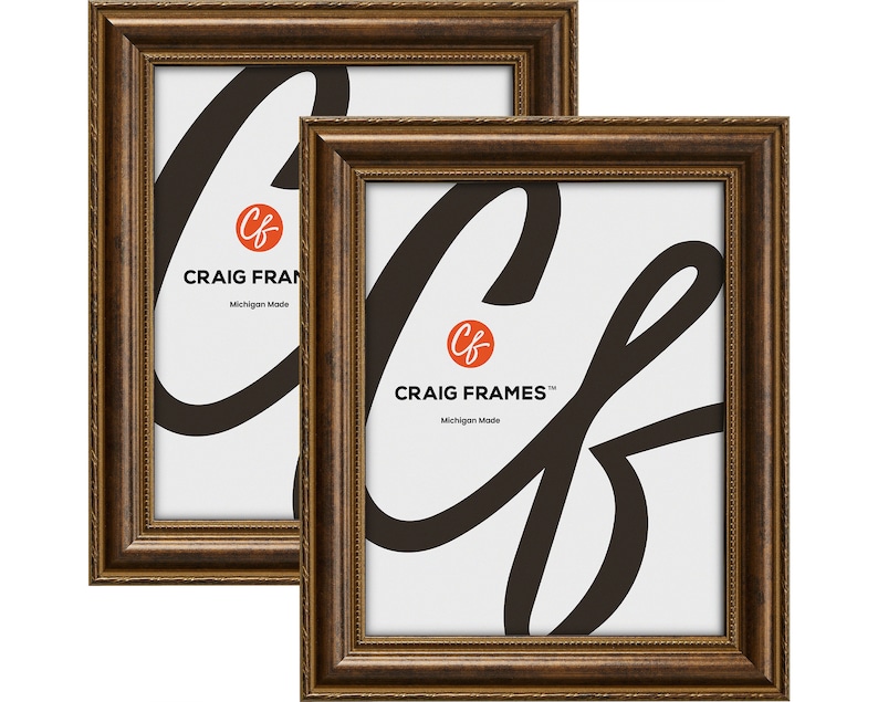 Pu&ograve; includere: Due cornici per foto marroni con un design decorativo ornato. Le cornici sono realizzate da Craig Frames, Michigan Made.