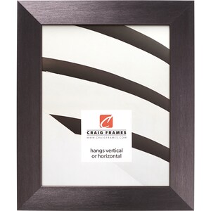 May include: A black picture frame with a brushed metal finish. The frame is 11x14 inches and can be hung vertically or horizontally. The frame is made by Craig Frames.