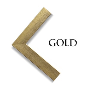 Op de afbeelding: Een gouden fotolijst hoek met een schaduw. Het woord "GOLD" is in zwart onder de hoek gedrukt.