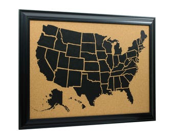 United States Cork Board Travel Map, Black Frame, Push Pins Included