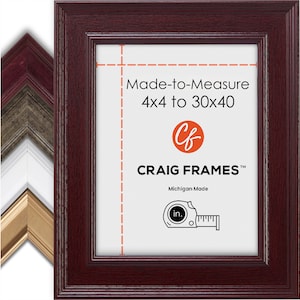 May include: A mahogany wood picture frame with a white mat and a white background. The frame has a simple design with a slightly raised edge. The text on the frame reads "Made-to-Measure 4x4 to 30x40" and "CRAIG FRAMES™ Michigan Made".
