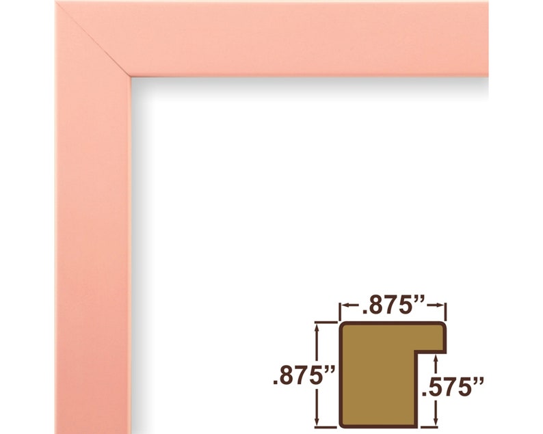 May include: A close-up of a pink picture frame with a brown mat. The frame is 0.875 inches wide and 0.575 inches deep.
