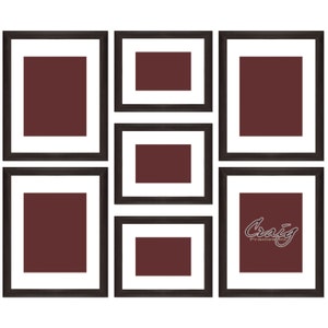 May include: A set of six black picture frames with white mats, arranged in a collage pattern. The frames are empty and have a dark brown background.