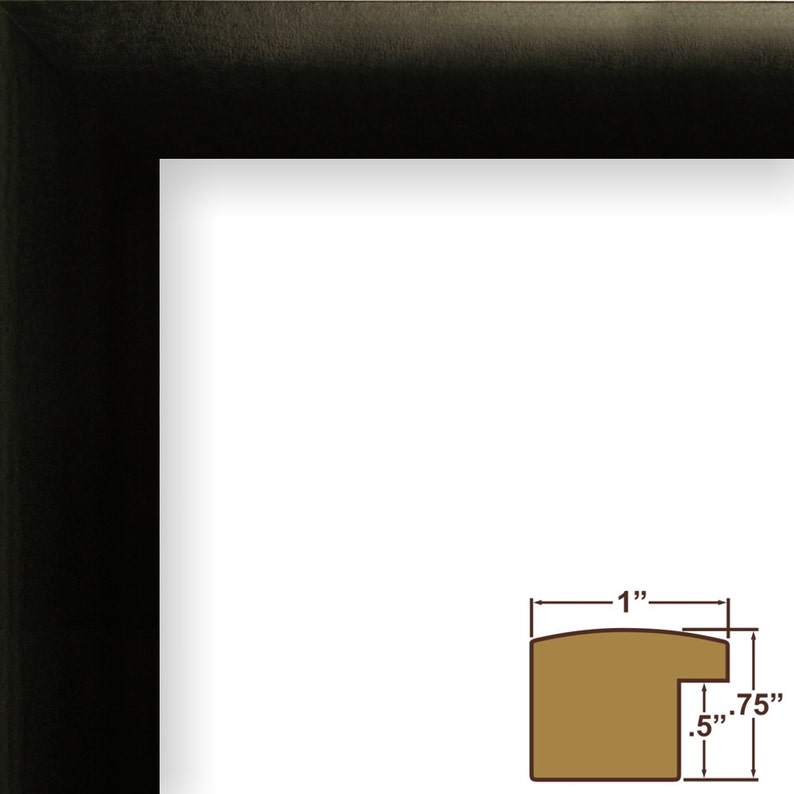 May include: Close-up of a black picture frame with a 1-inch wide, brown wood molding. The molding is 0.75 inches tall and 0.5 inches wide.