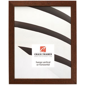 May include: A brown wood picture frame with a white mat. The frame is 11x14 inches and hangs vertically or horizontally. The frame is made by Craig Frames.