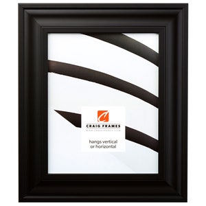May include: Black picture frame with a simple, slightly raised, beveled edge. The frame is made of wood and has a matte finish. The frame hangs vertically or horizontally. The text "Craig Frames" and "www.craigframes.com" is printed on the mat.