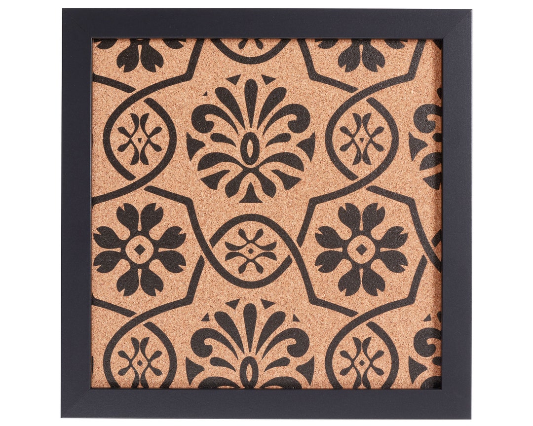 Decorative Cork Bulletin Board, 12x12 Inch, Black Frame With Floral