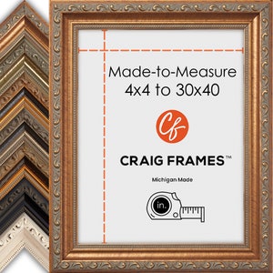 May include: A gold-toned picture frame with an ornate design. The frame is made-to-measure and can be customized to fit pictures from 4x4 inches to 30x40 inches. The frame is made in Michigan by Craig Frames.