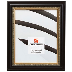 May include: Black picture frame with a gold inner lip and a gold decorative border. The frame is made of wood and has a matte finish. The frame is suitable for hanging vertically or horizontally. The text on the frame reads "Craig Frames" and "www.craigframes.com".