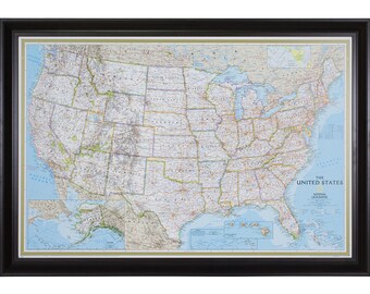 Mapa de viaje de EE. UU. enmarcado con chinchetas, National Geographic, nogal brasileño