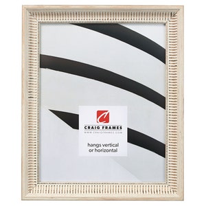 May include: White wood picture frame with a decorative border. The frame is designed to hang vertically or horizontally. The frame is made by Craig Frames.