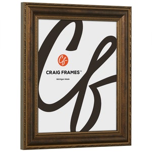 Pu&ograve; includere: Una cornice per foto in legno marrone con finitura dorata e bordo decorativo. La cornice ha un passepartout bianco e uno sfondo bianco con il testo "CRAIG FRAMES&trade; Michigan Made".