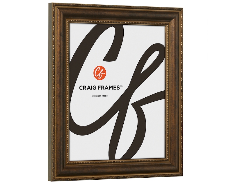 Pu&ograve; includere: Una cornice per foto in legno marrone con finitura dorata e bordo decorativo. La cornice ha un passepartout bianco e uno sfondo bianco con il testo "CRAIG FRAMES&trade; Michigan Made".