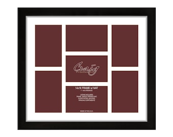 Contemporary, Gallery Black Picture Frame, 14x16 Inch, Single White Collage Mat with 7 - 4 by 6 Inch Openings (500141601C52A), Craig Frames