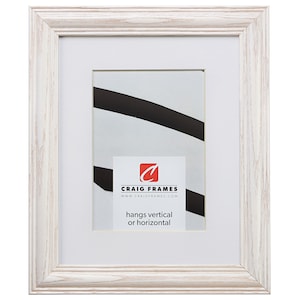 May include: An off-white rectangular picture frame with a white mount. The frame has a distressed, wood-like texture. The frame includes a white paper with the text "Craig Frames" and "hangs vertical or horizontal".