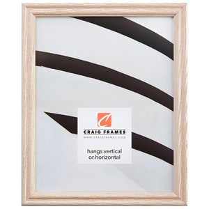 May include: A natural wood picture frame with a light wood finish. The frame is ready to hang vertically or horizontally. The frame is made by Craig Frames.