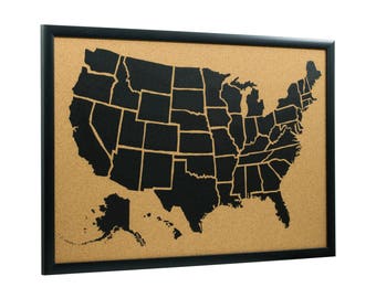 United States Travel Map Cork Board, Push Pin Wall Art, Black Frame (20x30 Inch)