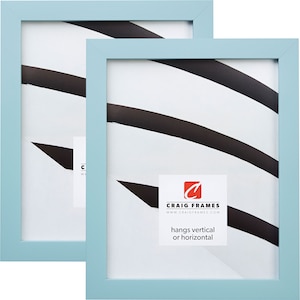 May include: Two light blue picture frames with a white mat and a black and white striped image inside. The frames are made of wood and have a simple design. The frames are hanging vertically and are both the same size. The frames are made by Craig Frames and the text "hangs vertical or horizontal" is printed on the bottom of the frame.