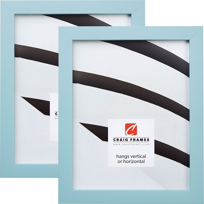 May include: Two light blue picture frames with a white mat and a black and white striped image inside. The frames are made of wood and have a simple design. The frames are hanging vertically and are both the same size. The frames are made by Craig Frames and the text "hangs vertical or horizontal" is printed on the bottom of the frame.