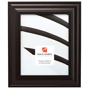 May include: A black wood picture frame with a simple, slightly raised, beveled edge. The frame is designed to hang vertically or horizontally. The text "Craig Frames" and "www.craigframes.com" is printed on a white label in the lower right corner of the frame.