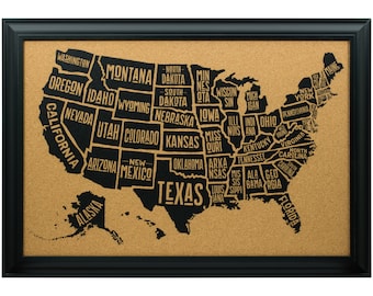 Typographic USA Cork Board Travel Map with Pins, 16x20, Black Frame