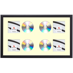 May include: Black picture frame with a cream mat and six openings for displaying CDs or DVDs. The frame has a label that reads "hangs vertical or horizontal".