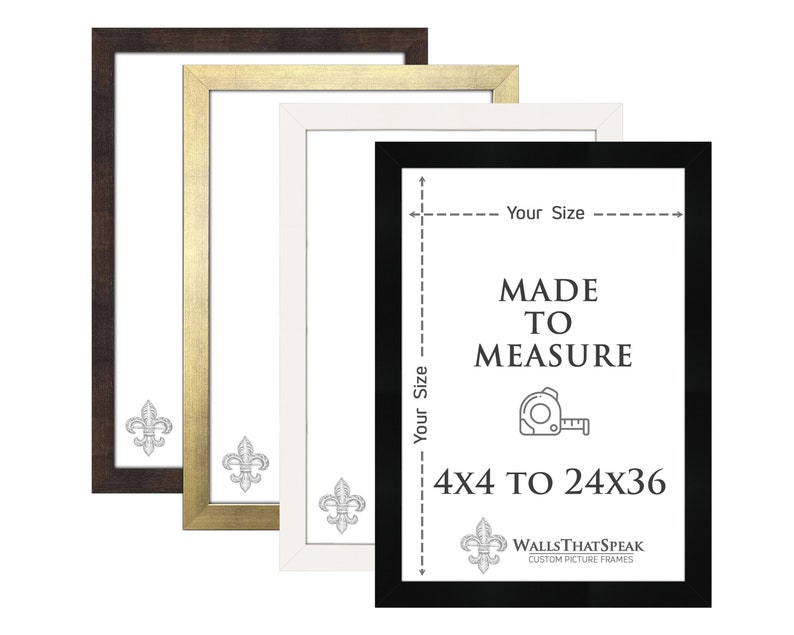 May include: Three picture frames in black, gold, and white with a fleur-de-lis design. The frames are made to measure from 4x4 inches to 24x36 inches. The text "Made to Measure" and "4x4 to 24x36" is printed on the black frame.