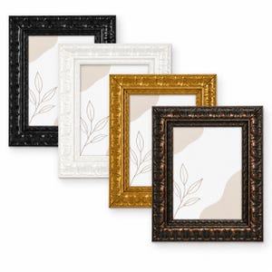 May include: Four rectangular picture frames with ornate, embossed borders in black, white, gold, and bronze finishes. Each frame contains a white insert featuring a simple, thin-lined botanical drawing of leaves and soft, beige abstract shapes.