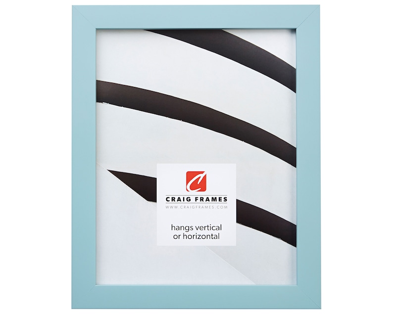 May include: A light blue picture frame with a white mat and a black and white abstract design. The frame is made by Craig Frames and hangs both vertically and horizontally.