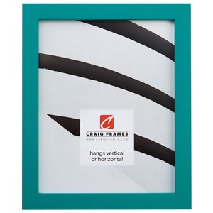 May include: Teal picture frame with a white mat and a white background. The frame has a simple design and is made of wood. The frame is 11x14 inches and hangs vertically or horizontally.