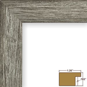 May include: A close-up of a wood picture frame with a weathered gray finish. The frame is 1.26 inches wide and 0.765 inches thick.