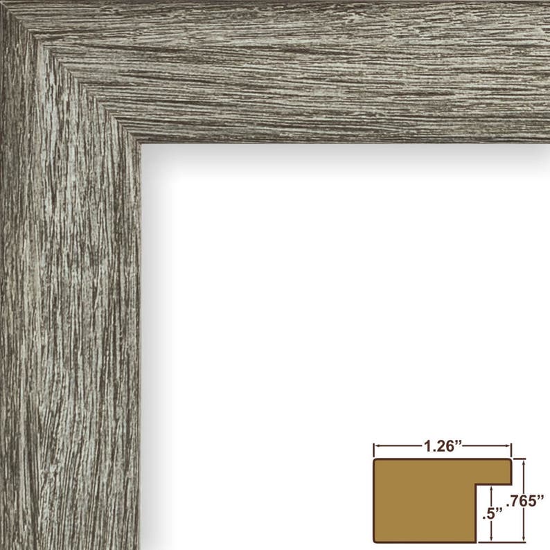 May include: A close-up of a wood picture frame with a weathered gray finish. The frame is 1.26 inches wide and 0.765 inches thick.