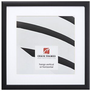 May include: Black picture frame with a white mat and a white background. The frame has a simple design and is suitable for hanging both vertically and horizontally. The text on the frame reads "Craig Frames" and "www.craigframes.com".