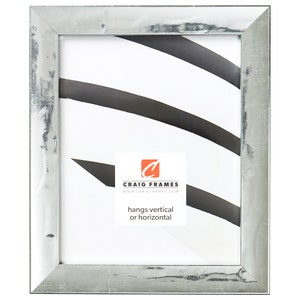 Peut inclure: Un cadre photo argenté avec une finition vieillie. Le cadre est en bois et a un design simple et moderne. Il peut être accroché verticalement ou horizontalement. Le texte sur le cadre indique "Craig Frames" et "www.craigframes.com".