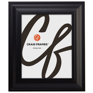 May include: Black picture frame with a simple, slightly raised, beveled edge. The frame has a white mat and a small logo in the bottom left corner that reads "Craig Frames" and "Michigan Made".
