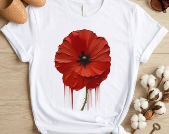 Red Poppy Drip T-Shirt, Botanical Floral Art Tee, Nature Lover Style