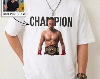 Custom Face Champion Shirt, Funny Personalized Boxer Photo Tee for Him, Gag Birthday Gift for Dad Husband, Meme Boxing Graphic Tee