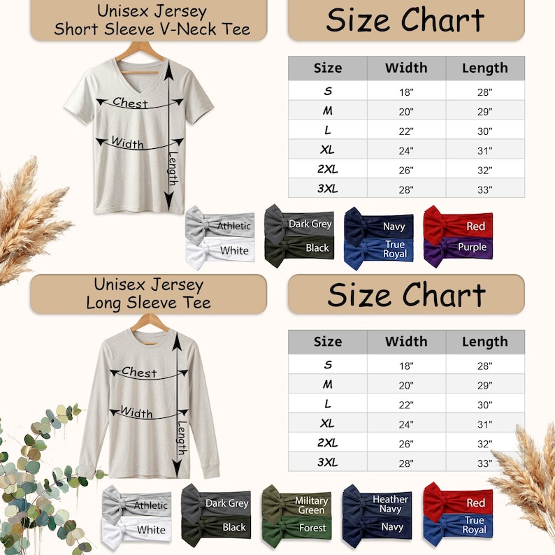 May include: A product image featuring two t-shirts, a short-sleeve V-neck and a long-sleeve, with a size chart. The chart lists sizes S to 3XL, with measurements in inches for width and length. Color swatches are also displayed.