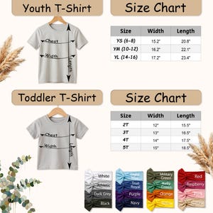 May include: Image features a size chart for youth and toddler t-shirts, with measurements in inches. The chart includes sizes, widths, and lengths. Also shown are various colored bows, including white, blue, green, and red.