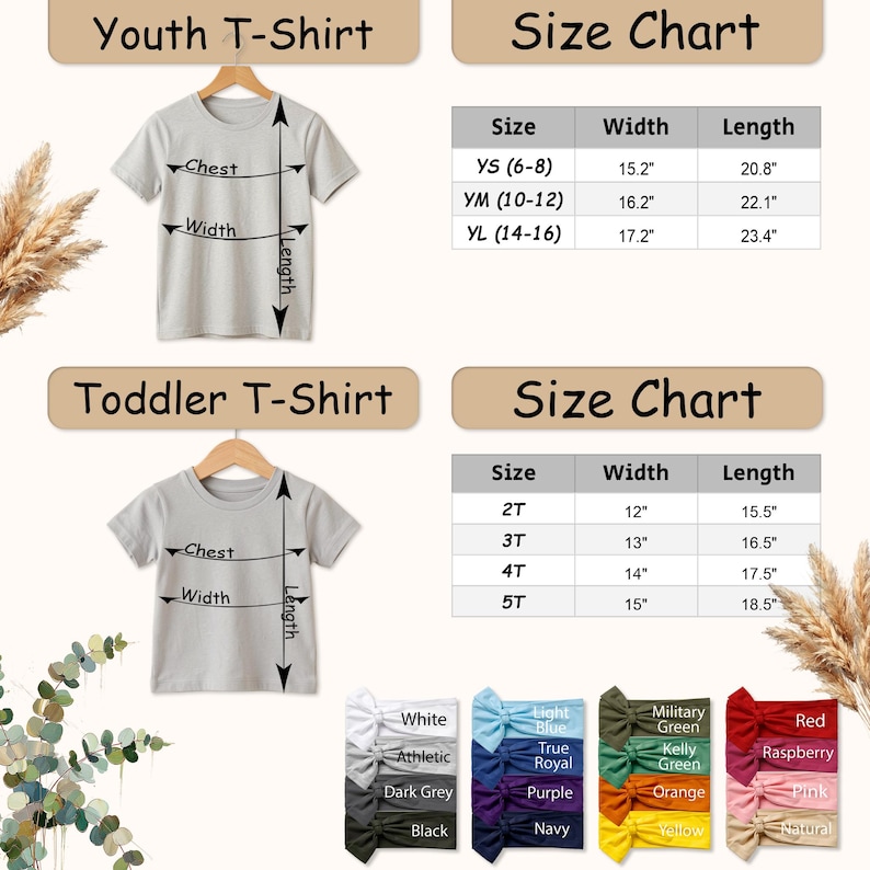 May include: Image features a size chart for youth and toddler t-shirts, with measurements in inches. The chart includes sizes, widths, and lengths. Also shown are various colored bows, including white, blue, green, and red.