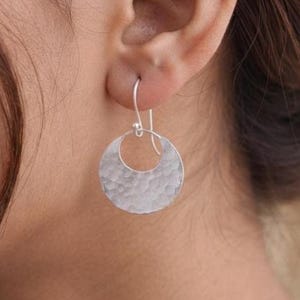 Handmade Hammered Silver Crescent Earrings, Minimalist C-Shaped Dangle Drop Earrings, Lightweight Artisan Jewelry, Boho Earring Gift For Her