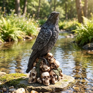 Può includere: Statua di un corvo grigio scuro appollaiato su un mucchio di teschi. Il corvo presenta dettagliate trame di piume e uno sguardo attento. I teschi sono biancastri con denti e orbite visibili. La statua è posta su una roccia muschiosa in un ambiente naturale.
