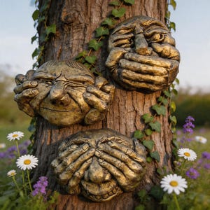 See No Evil,Hear No Evil,Speak No Evil,Three Wise Men Tree Face Decor,Tree Hugger,Resin Garden Ornament,Outdoor Decor,Nature Lover Gift