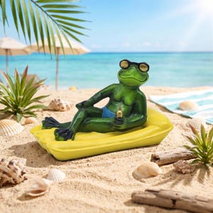 May include: A green frog figurine wearing sunglasses and blue swim trunks, lounging on a yellow inflatable raft. The frog is holding a small bottle, set against a beach scene with seashells and ocean in the background.