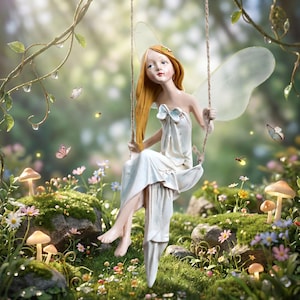 Huśtająca się figurka wróżki do ogrodu, wisząca figurka wróżki, fantazyjna dekoracja zewnętrzna, magiczna sztuka ogrodowa, ręcznie robiony wystrój domu, unikatowa rzeźba elfa