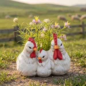 Może przedstawiać: Biała ceramiczna donica w kształcie rodziny kurczaków, z czerwonymi grzebieniami i dziobami. Donica zawiera fioletowe i białe kwiaty, na tle rozmytego zielonego pola i drewnianego płotu.